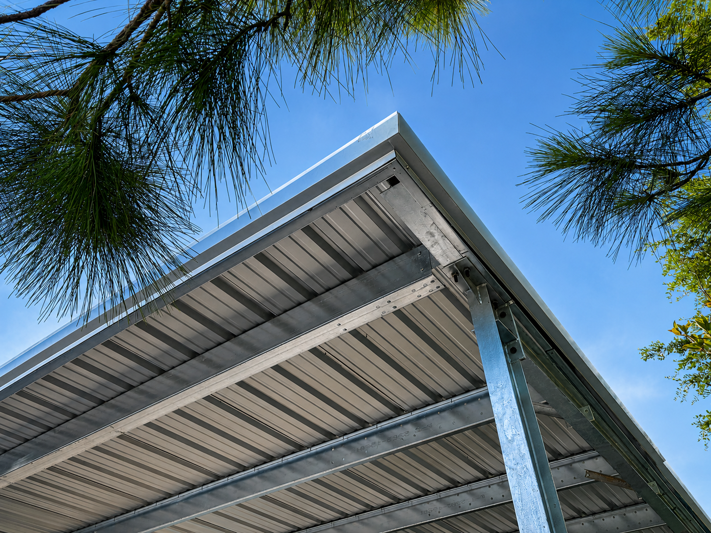 Low-angle view of a metal roof or awning against a blue sky, framed by tree branches