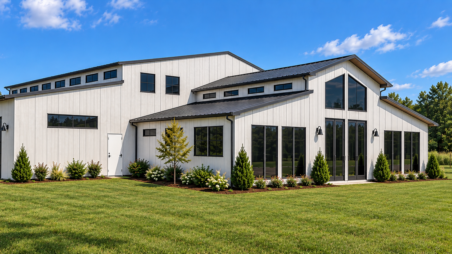 Modern white industrial building with black-framed windows and a green lawn under a blue sky