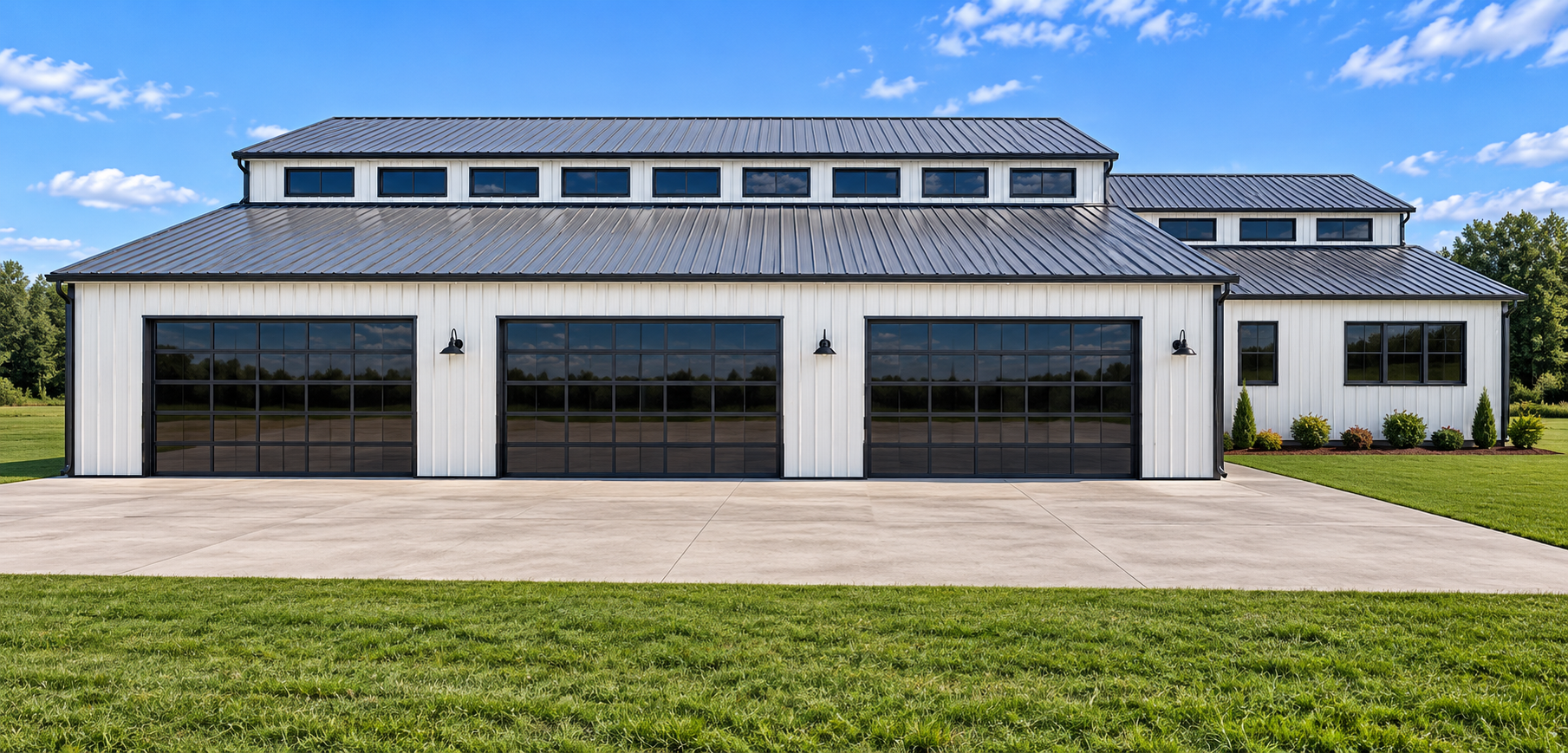 Modern gray building with large garage doors and a green lawn in front