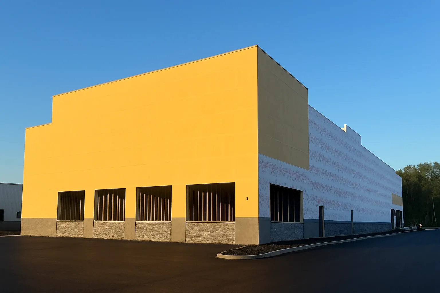Modern yellow-and-gray commercial building under a clear blue sky