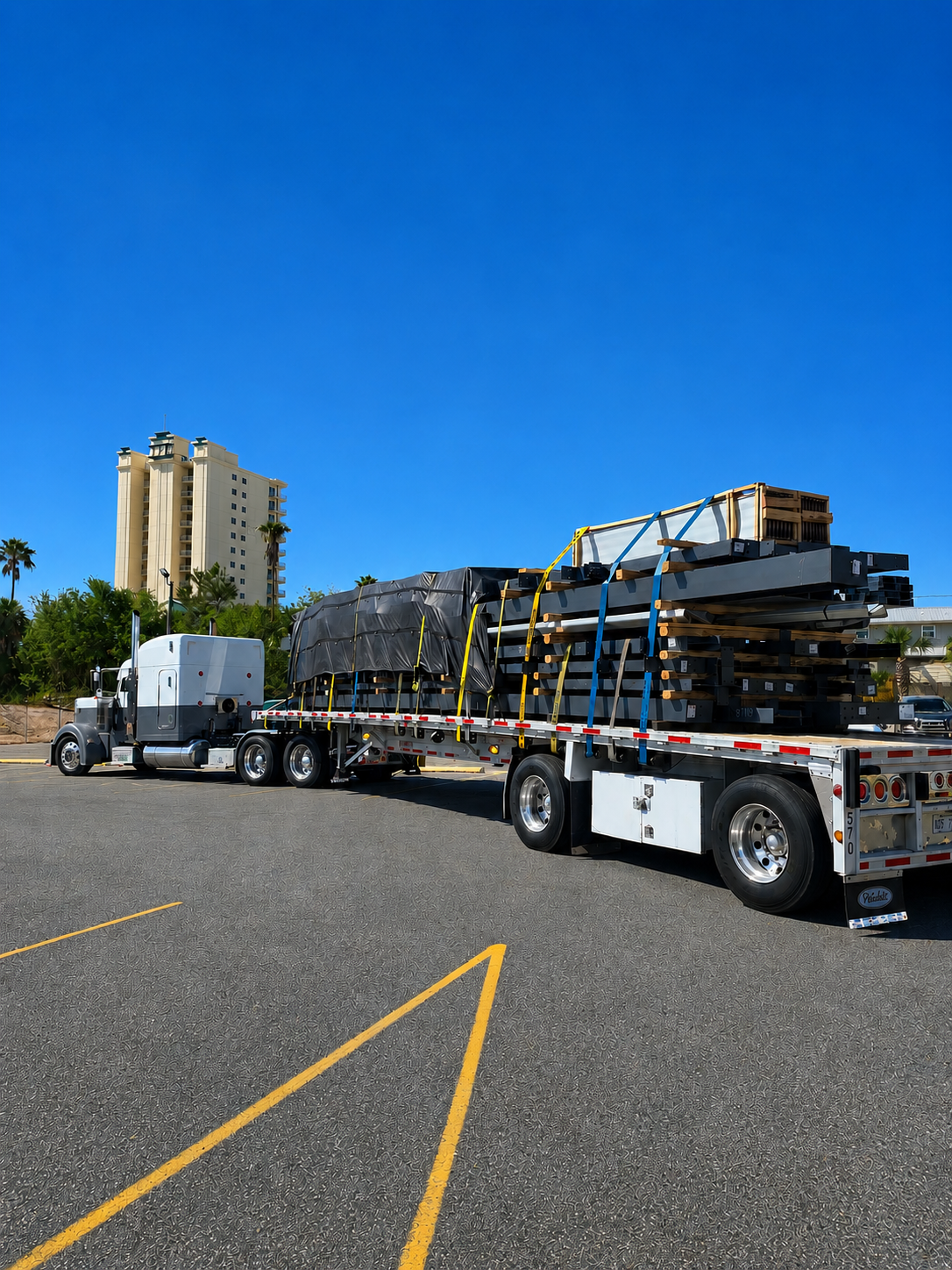 Flatbed trailer loaded with stacked metal equipment parked on a sunny paved lot under a blue sky.