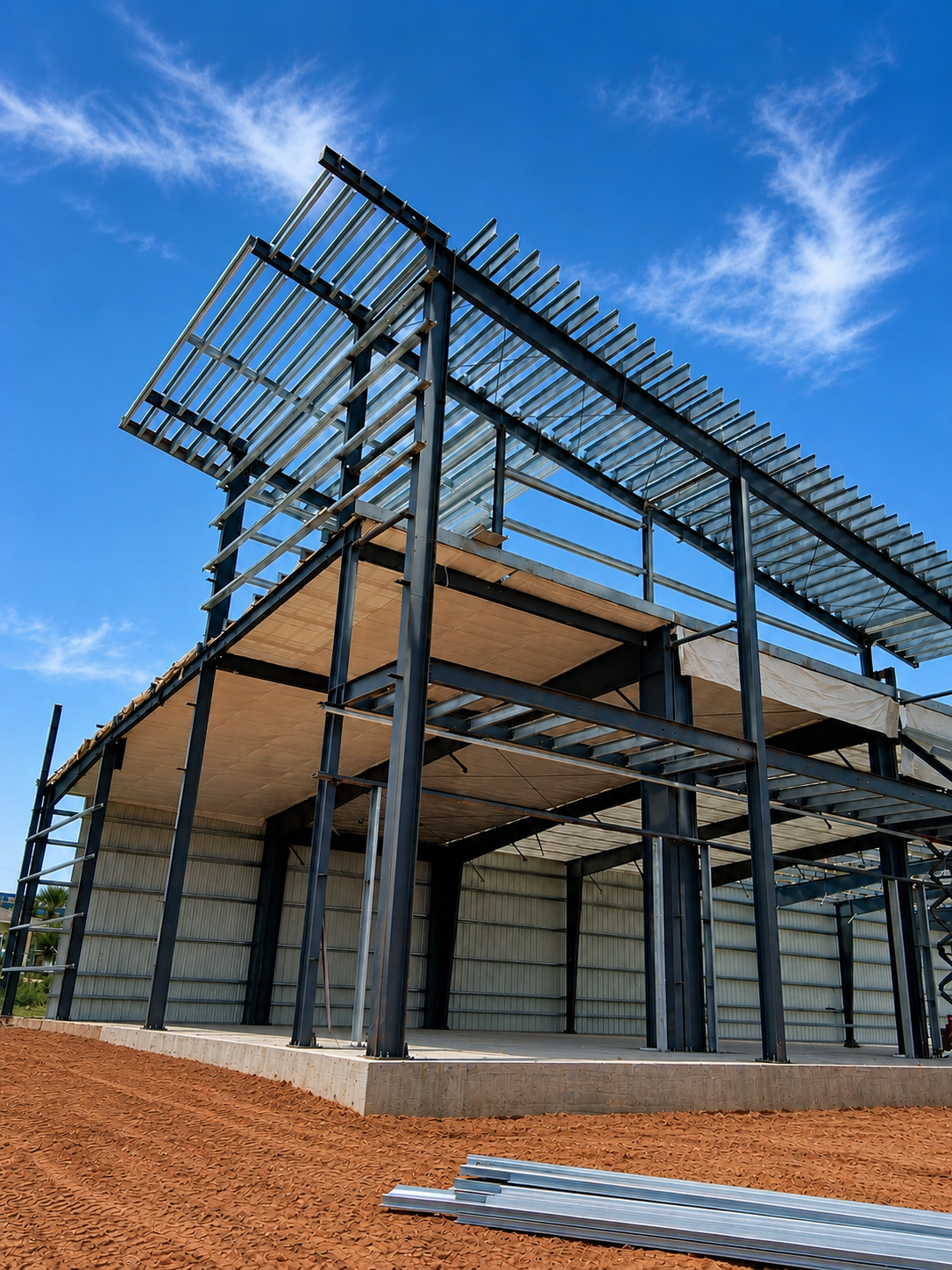 Modern metal building frame under construction against a blue sky