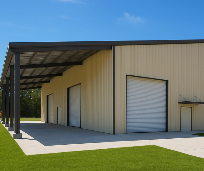 Large beige industrial warehouse with metal awning, roll-up doors, and a concrete lot