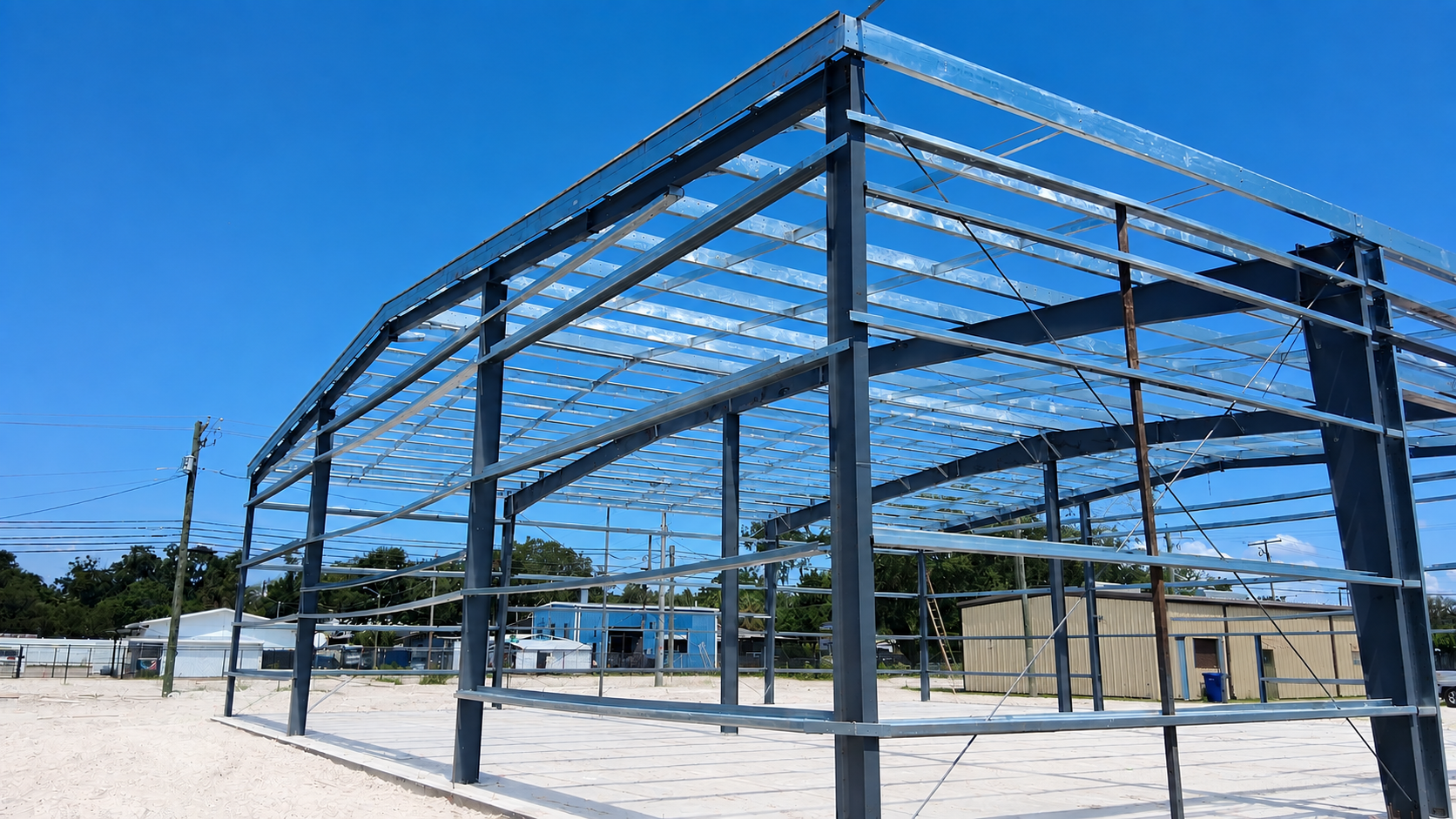 Blue steel frame structure under construction on a sunny lot, with concrete foundation and open sky.