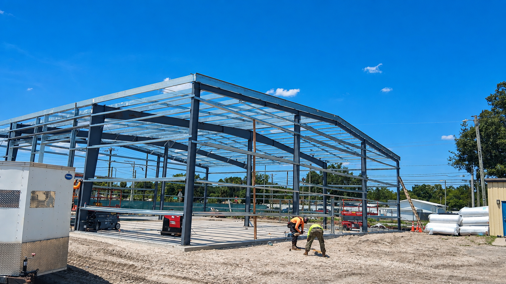 Steel frame building under construction on a gravel site, with workers and blue sky.