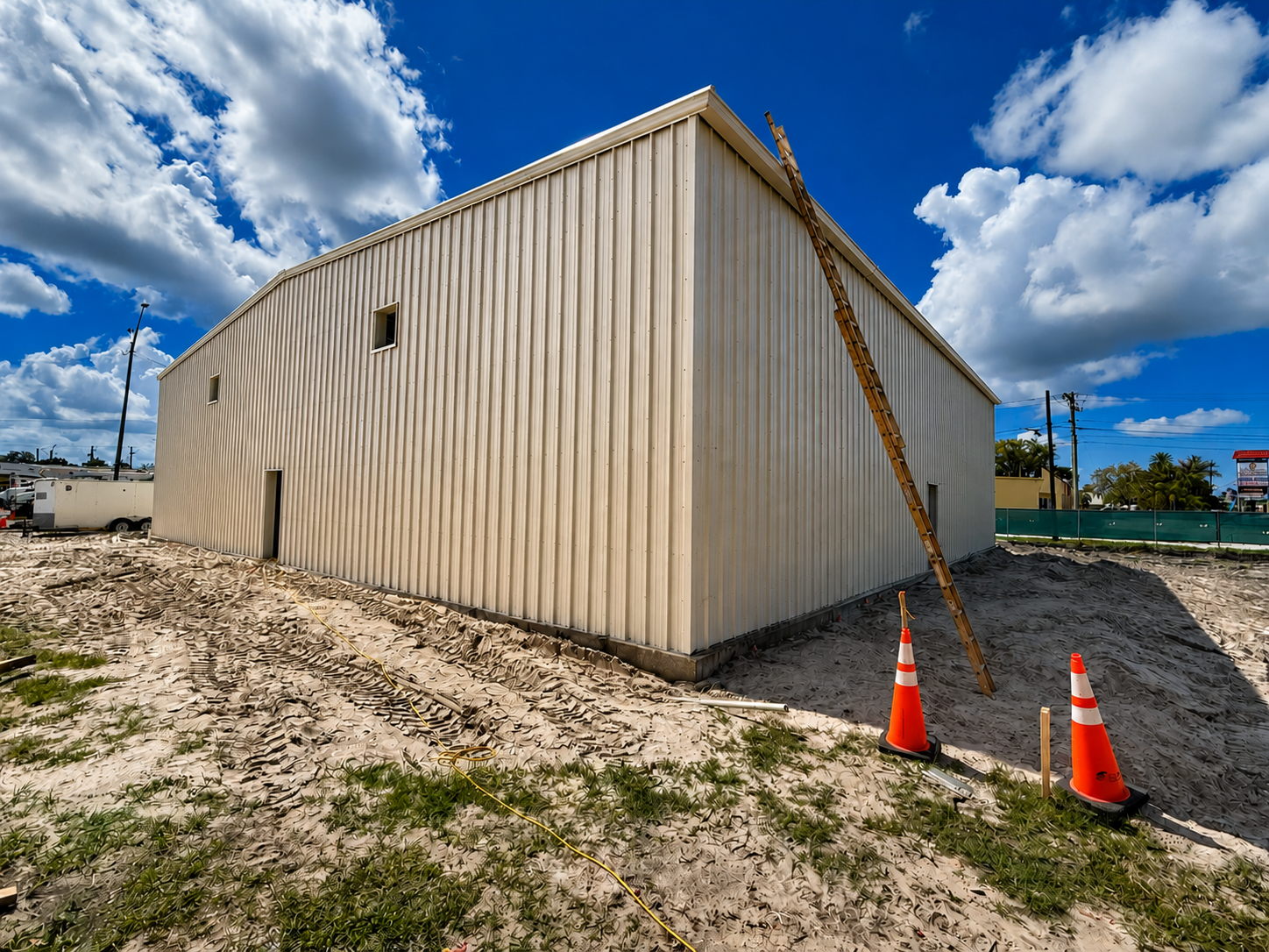 Beige corrugated building under blue sky, with two orange traffic cones by the corner.
