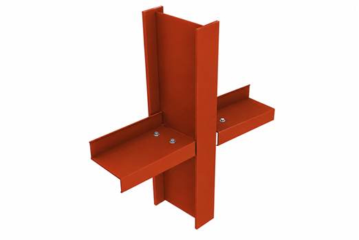Brown vertical post crossed by a diagonal silver beam on a white background