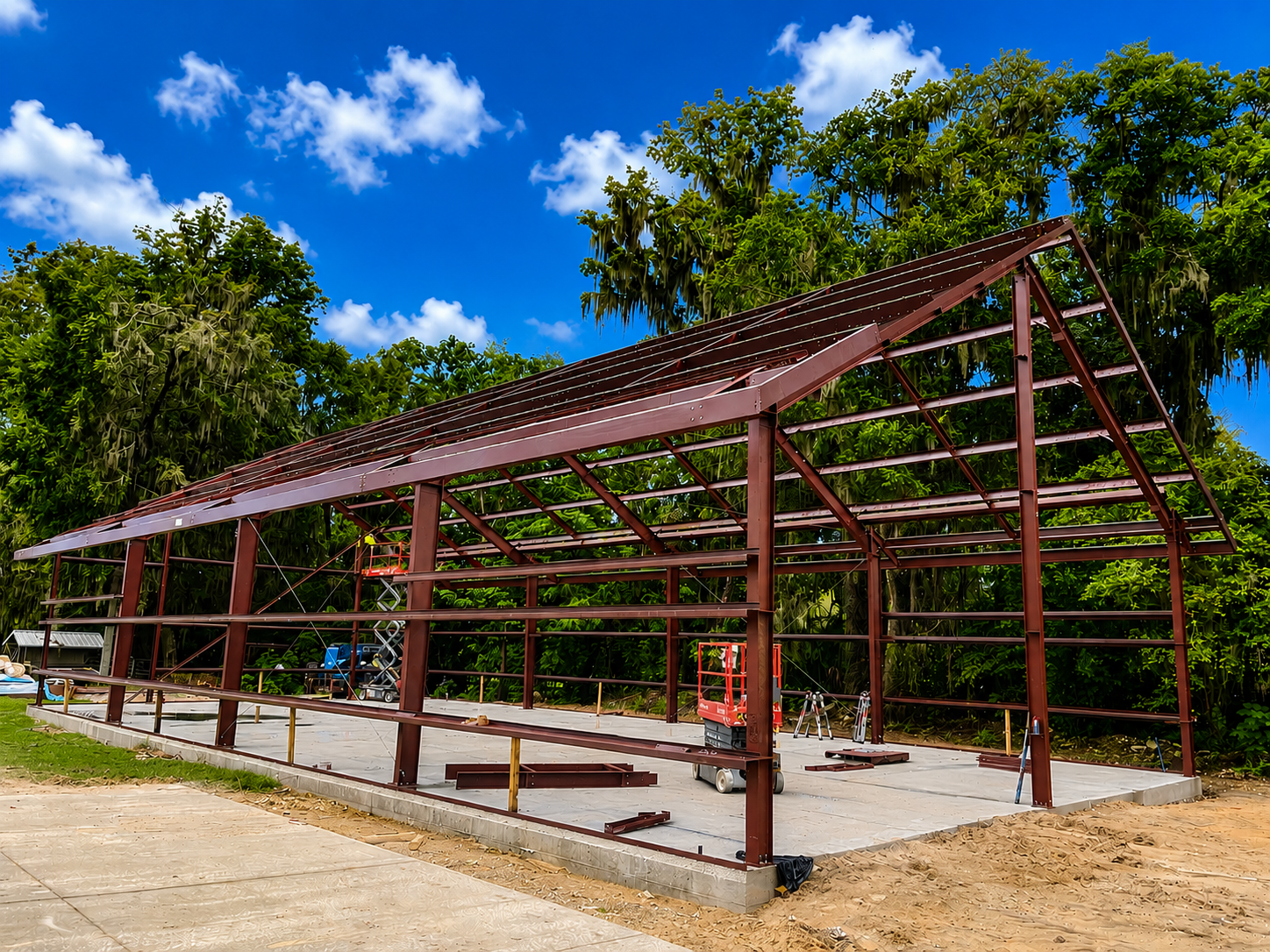 Open-sided metal pavilion under construction on a sunny day, with trees and blue sky in the background