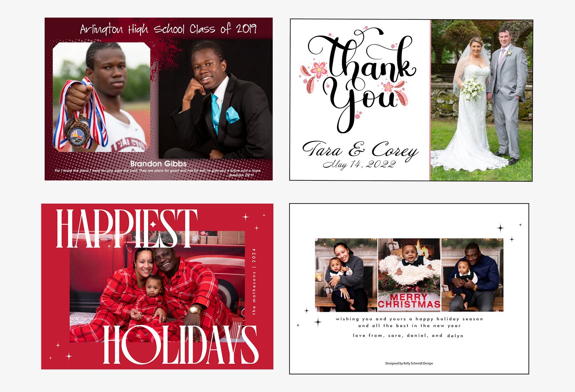 Four photos: graduation, wedding, holiday family portrait, and another holiday photo.