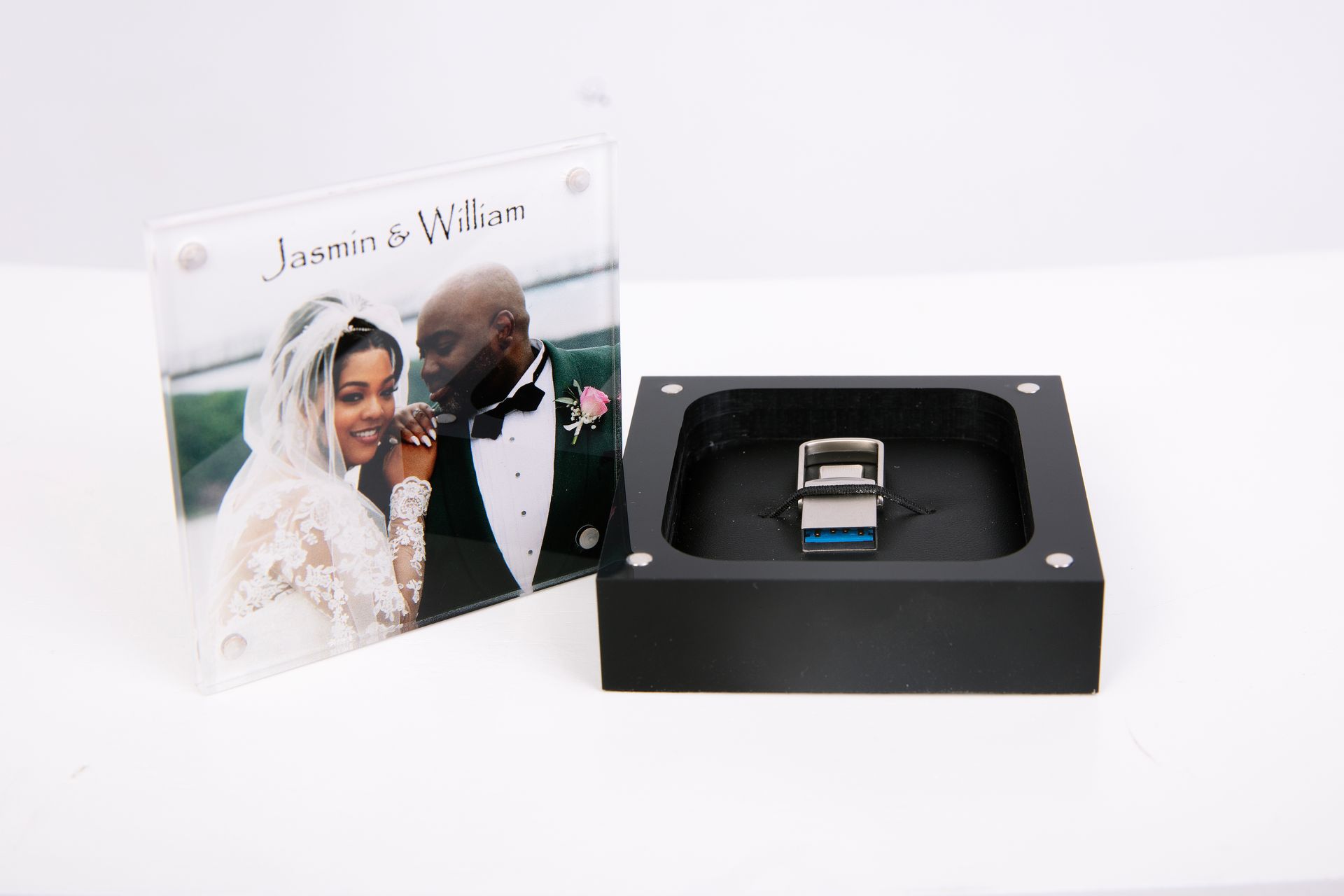 Wedding photo display with USB drive.