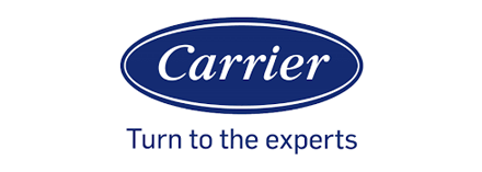 Carrier logo with dark blue oval containing the word Carrier in white, with tagline Turn to the experts below.