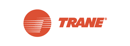 Trane logo: Orange circle with horizontal lines, to the right is the word TRANE in orange.