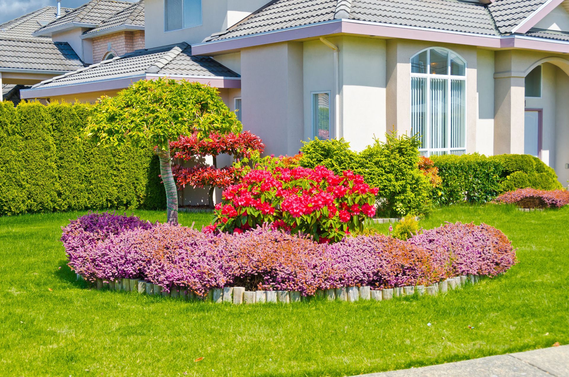 Colorful flower bed in front of a modern suburban house with a green lawn