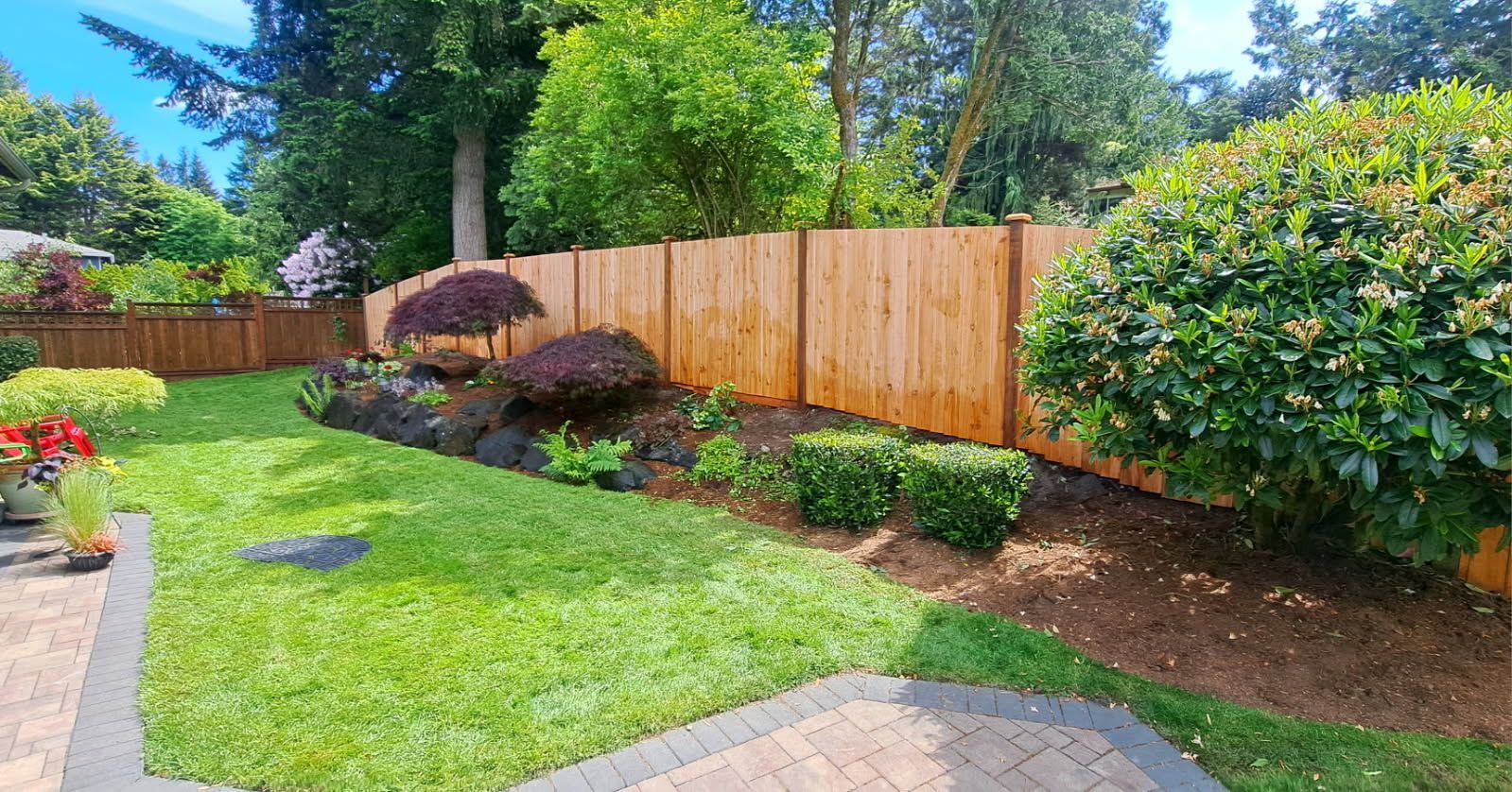 Backyard with green lawn, wooden fence, shrubs, and a paved patio under a bright blue sky