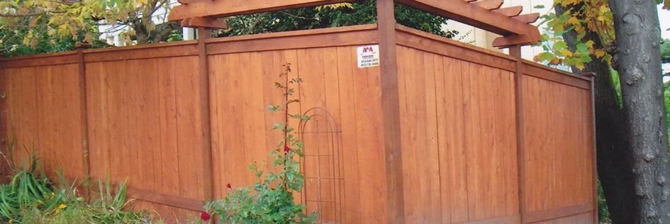 Wooden privacy fence with lattice top and greenery in a garden corner