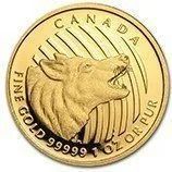 Canadian gold coin with a wolf head and text “FINE GOLD 99999 1 OZ”