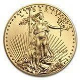 Gold coin with Lady Liberty holding a torch, sunburst rays behind her, and the motto “E PLURIBUS UNUM” around the rim