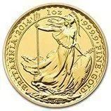 Gold coin with a seated winged woman holding a staff and shield, with “1 OZ” inscribed at top.