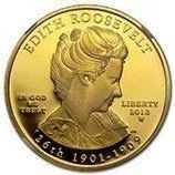 Gold coin showing Edith Roosevelt profile with inscriptions on a plain background