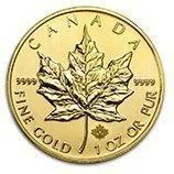 Gold Canadian one-ounce fine gold coin with a maple leaf design and “CANADA” text around the edge