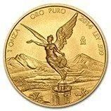 Gold coin with winged angel blowing a trumpet over mountains and a city, with “CINCUENTA PESOS” inscription