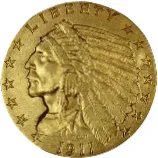 Gold coin with a Native American profile and the word “LIBERTY” along the top edge