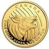 Gold Canadian coin with a roaring wolf, “CANADA,” and “FINE GOLD 9999 1 OZ” text.