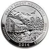Great Smoky Mountains National Park coin with cabin, trees, and mountains, dated 2014