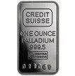Silver Credit Suisse one-ounce Palladium 999.5 bullion bar with engraved text and serial number