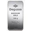 Silver Degussa Rhodium 999.0 100 g bullion bar with engraved text and logo