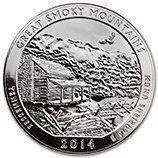 Great Smoky Mountains National Park 2016 quarter coin showing mountains, cabin, and trees