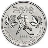 2019 silver coin with hockey player, maple leaves, and “FINE SILVER 1 OZ ARGENT PUR” text