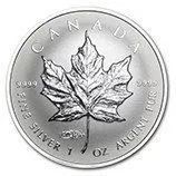Canadian silver maple leaf coin with a maple leaf design and “1 oz fine silver” text