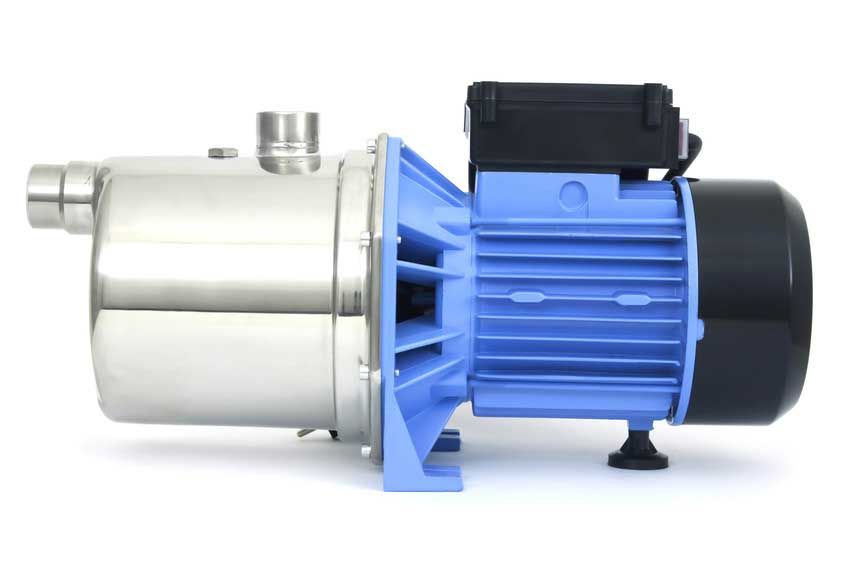 A stainless steel water pump with a blue motor on a white background.