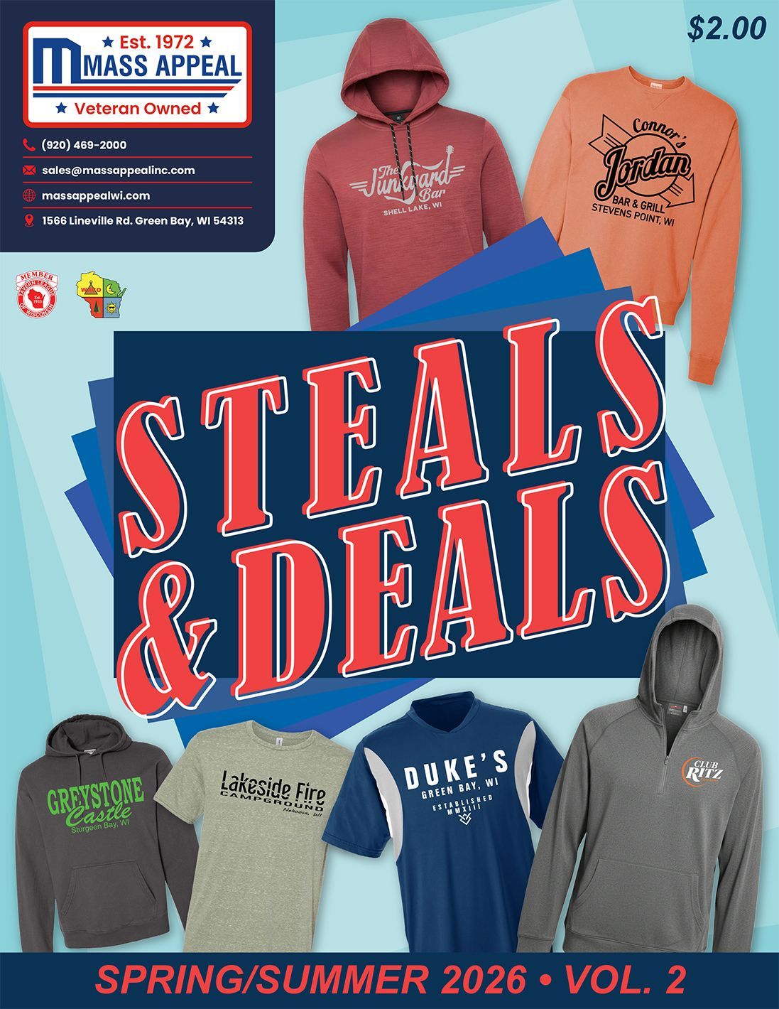 A promotional flyer for Mass Appeal clothing featuring various hoodies and shirts, with the text 'Steals & Deals.'