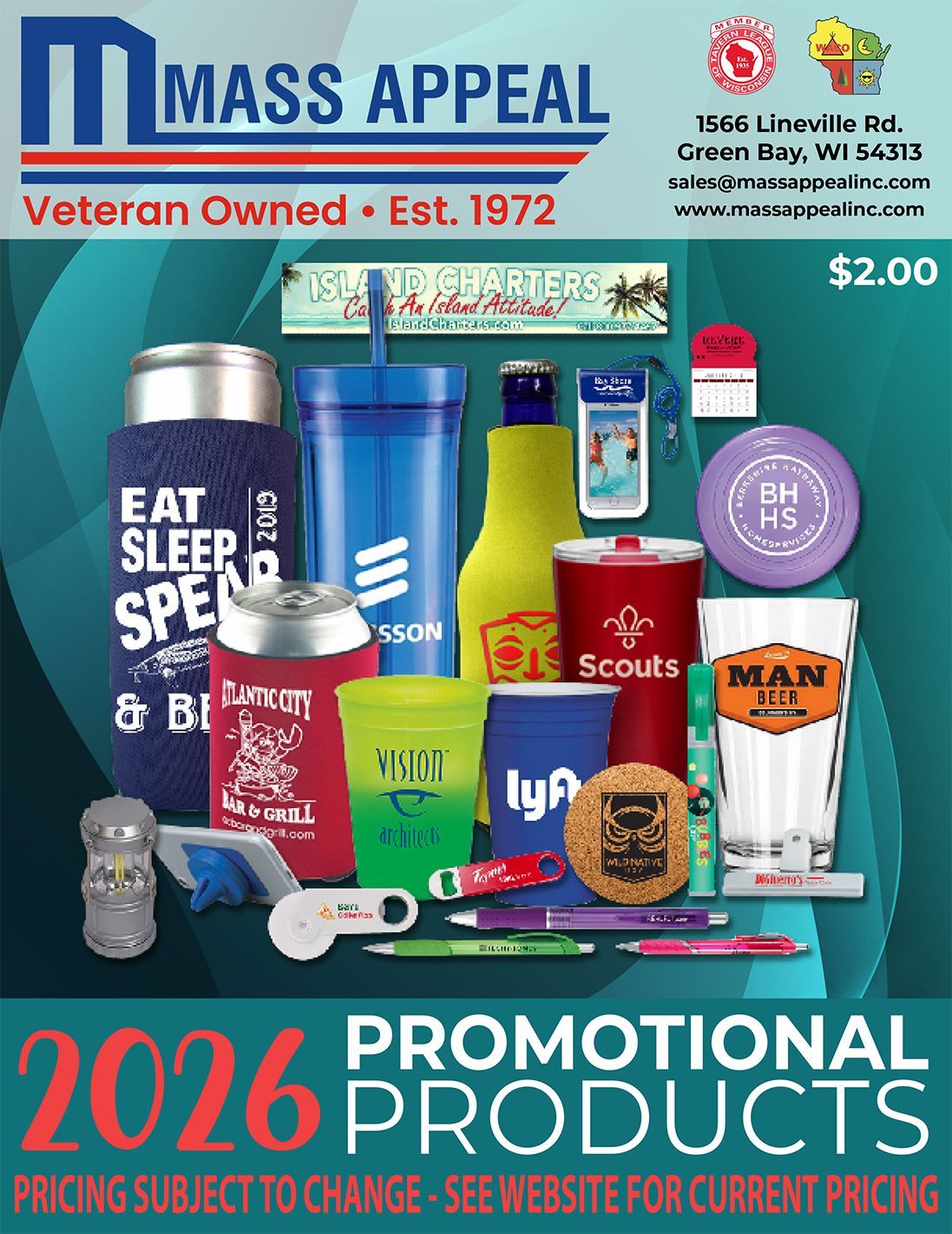Promotional products catalog cover for Mass Appeal featuring various branded cups, bottles, pens, and items, dated 2026.