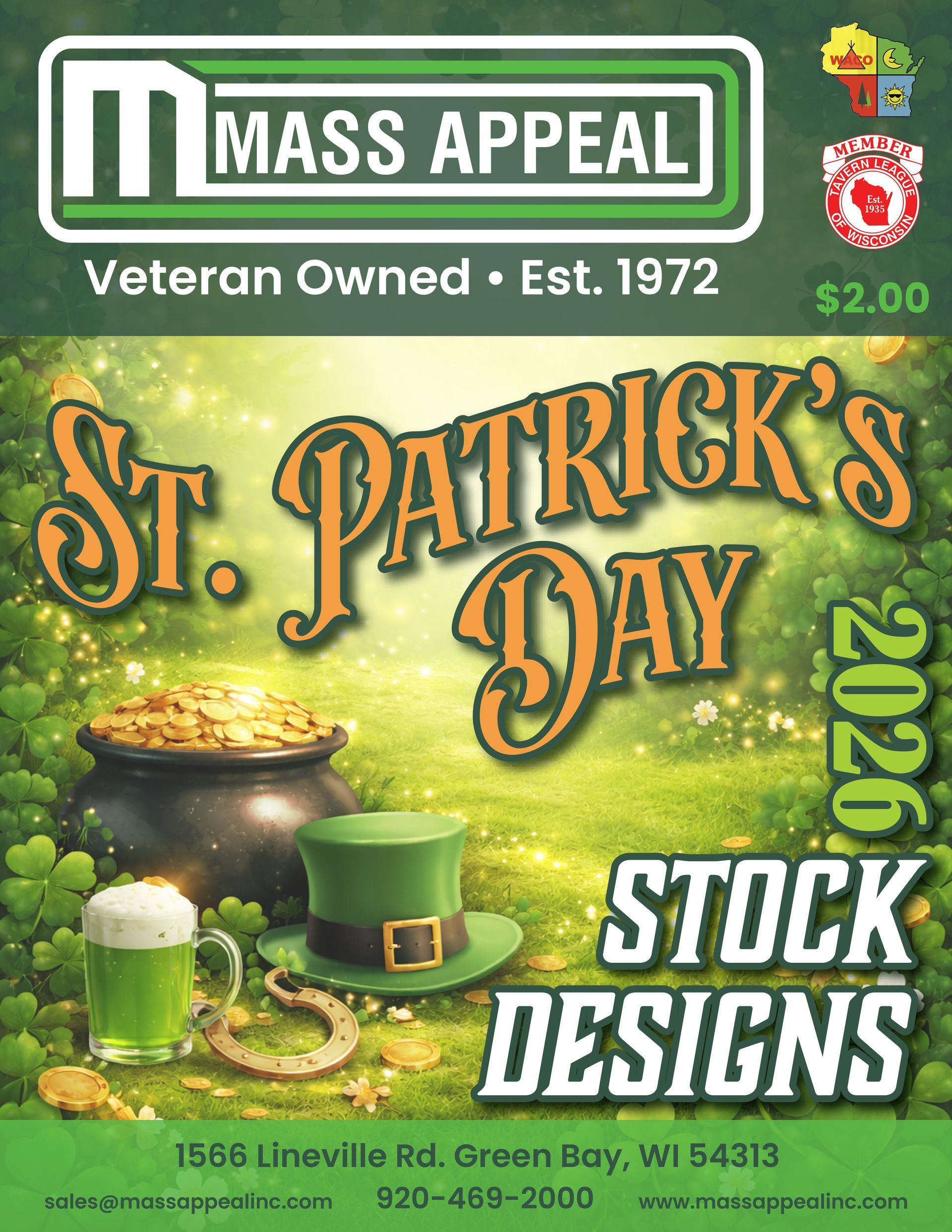 A St. Patrick's Day 2026 stock design catalog cover from Mass Appeal with a pot of gold, green hat, and beer mug.