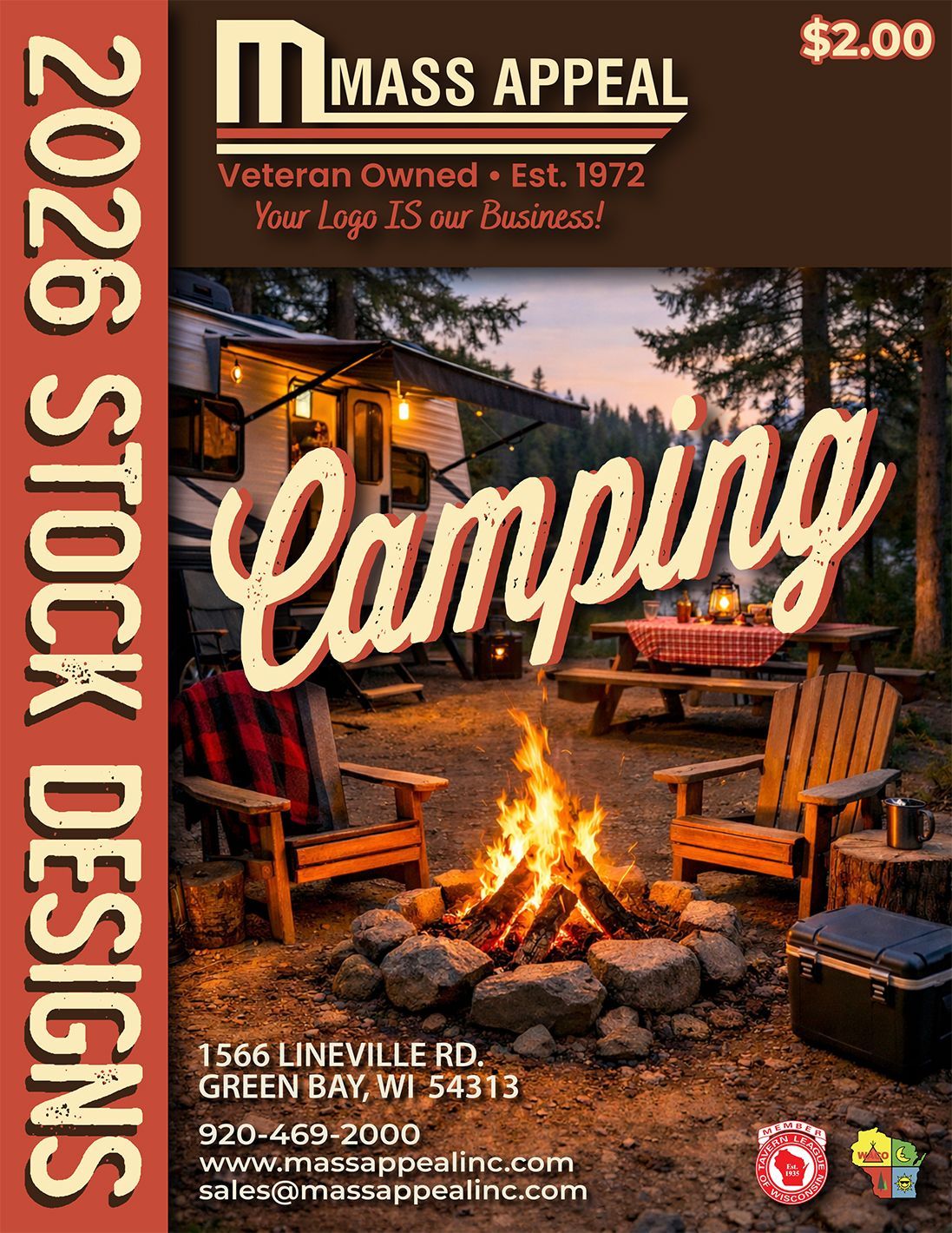 A promotional flyer for Mass Appeal, titled 2026 Stock Designs, featuring a campfire scene at a campsite.