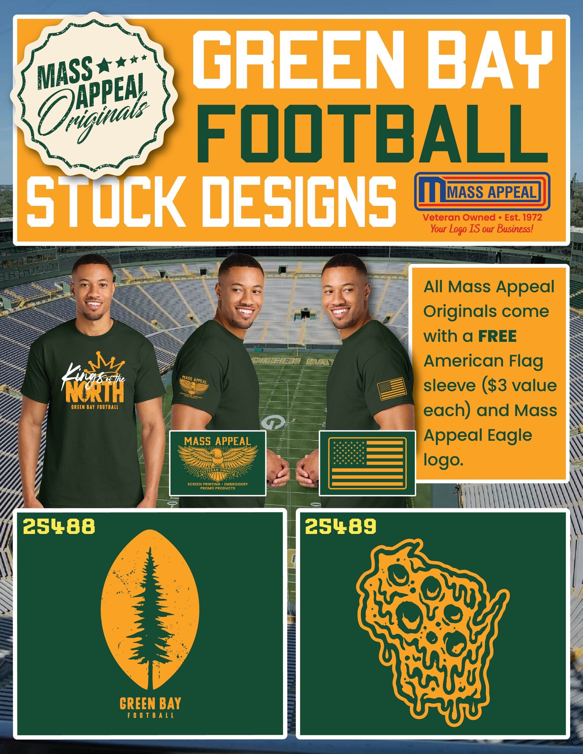 Green Bay football stock designs poster with three shirt mockups and team logo graphics on green and orange backgrounds