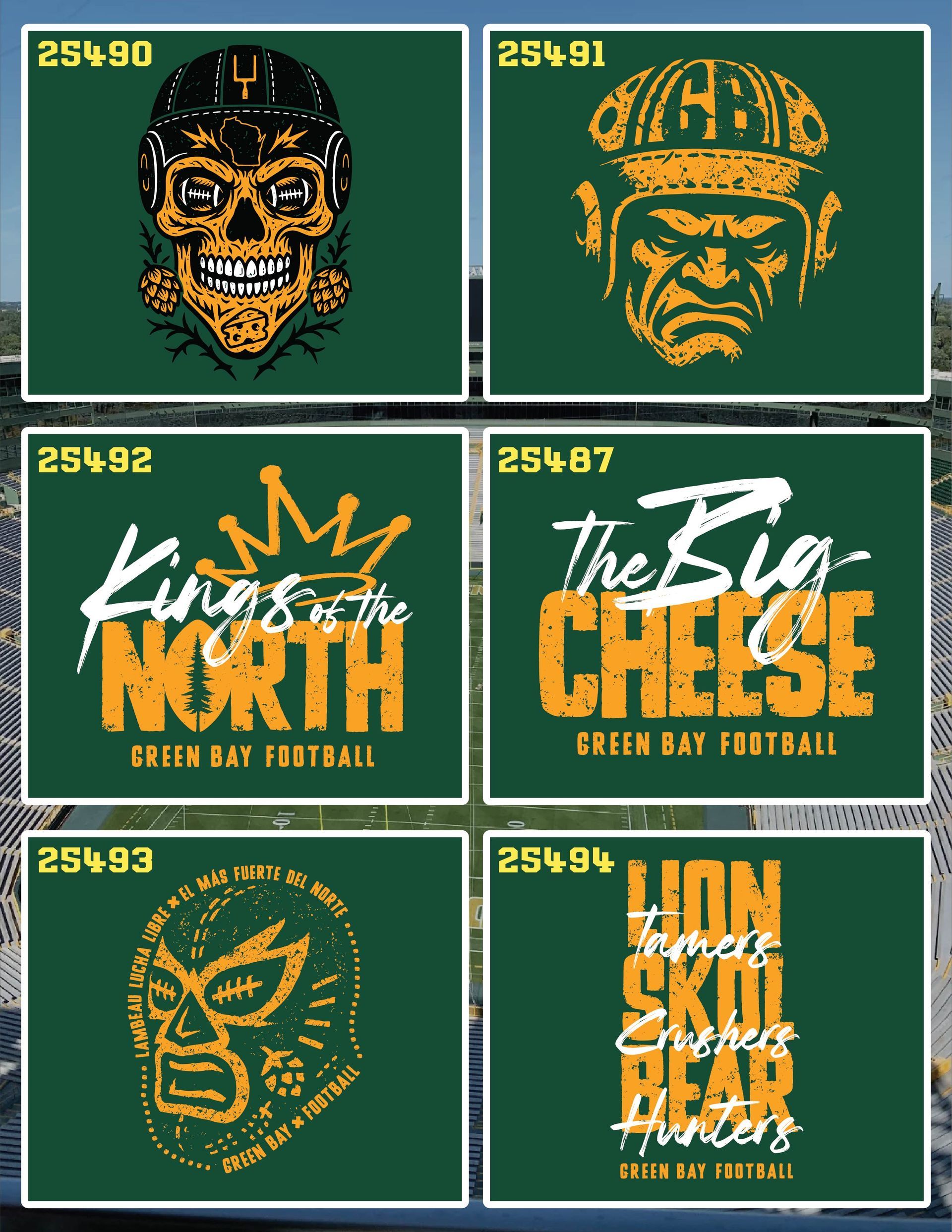 Six green sports logo tiles with orange-white text and mascot illustrations in a 2x3 grid.