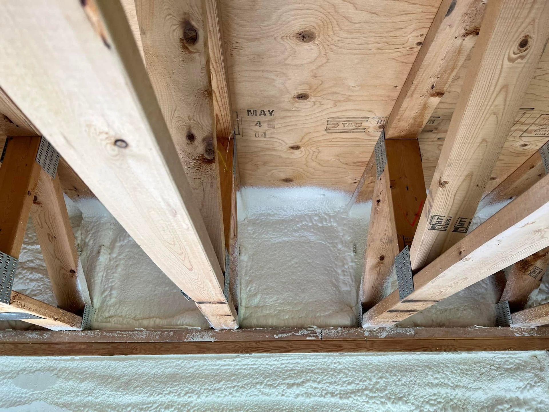 Exposed wooden roof framing with insulation foam between rafters above a wall plate