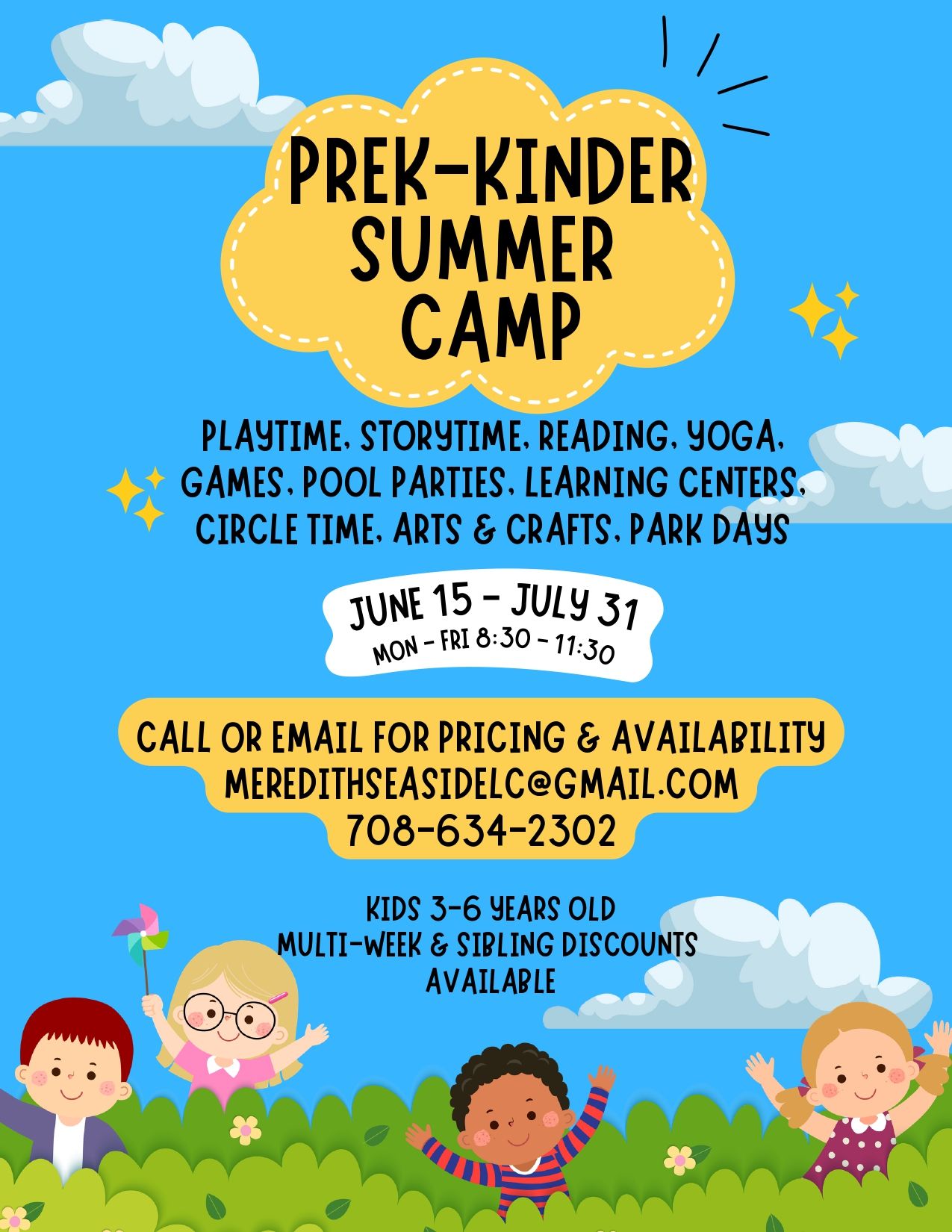 Summer camp flyer for PreK-Kindergarten kids. Includes activities, dates, contact info, and illustration of children.