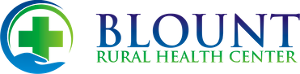 Blount Rural Health Center logo with blue text and a green medical cross icon