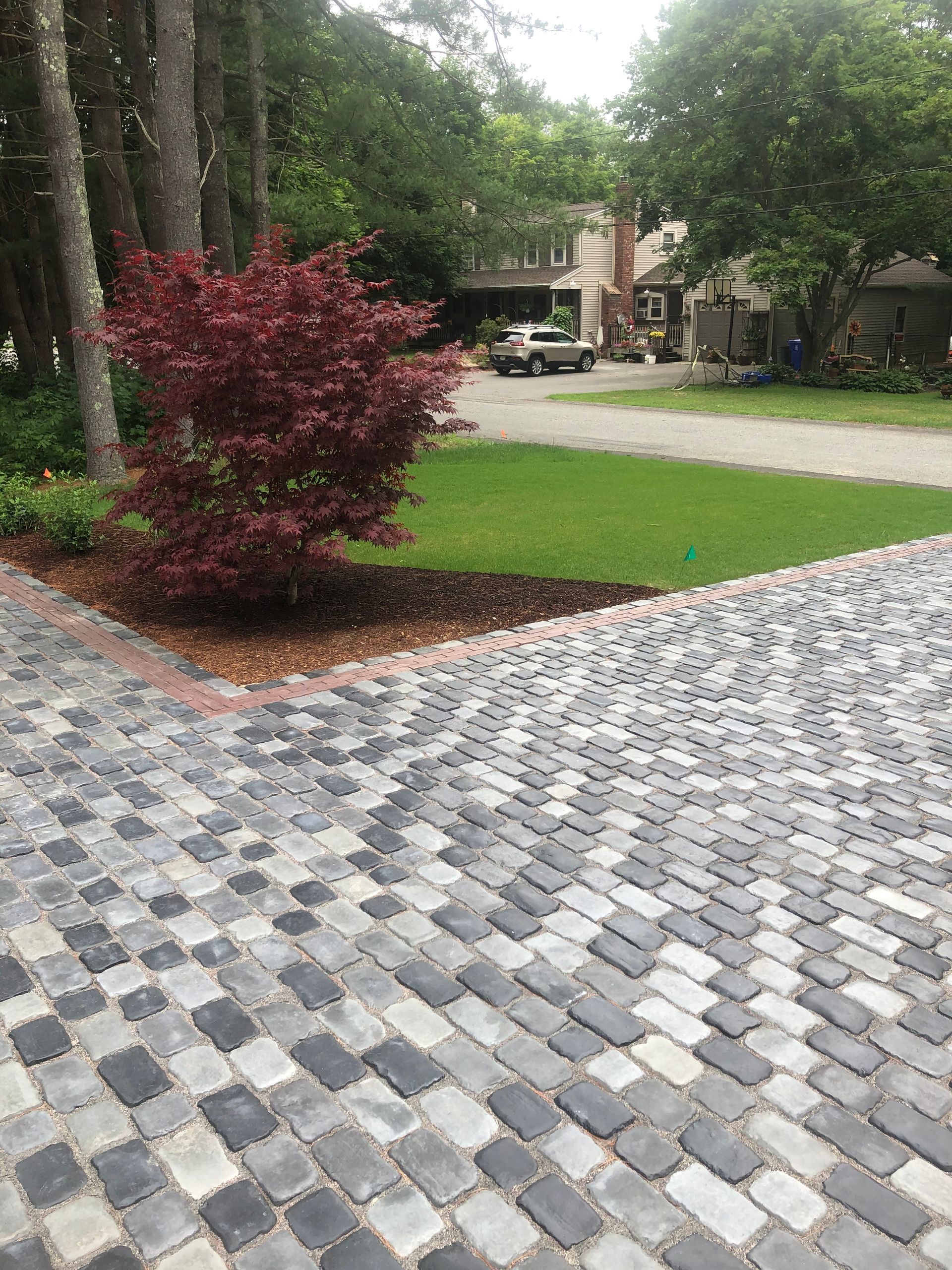 Curving gray paver driveway beside lawn, red shrub, and tall trees in a residential yard