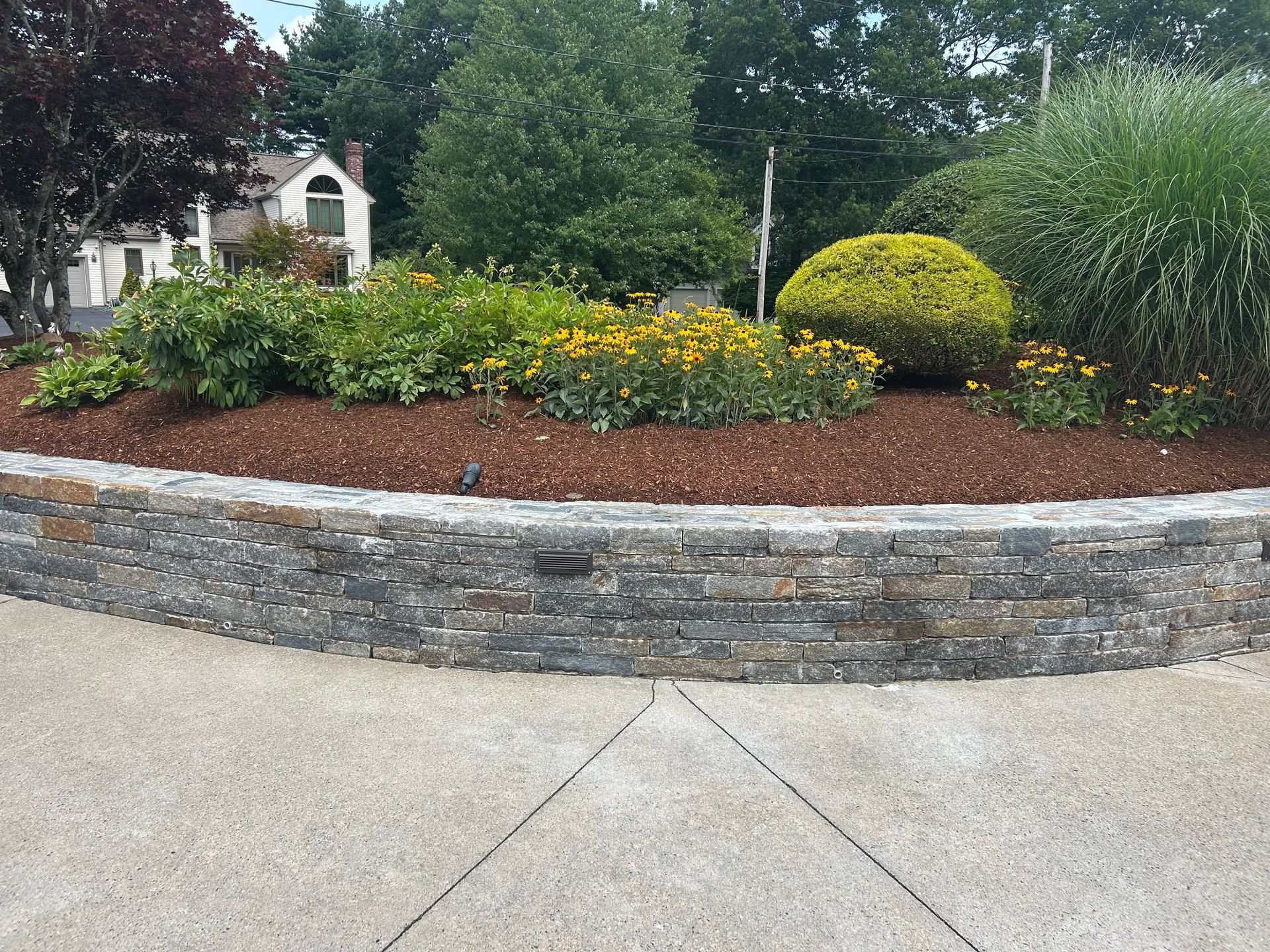 Landscaped garden bed with yellow flowers and shrubs behind a stone retaining wall