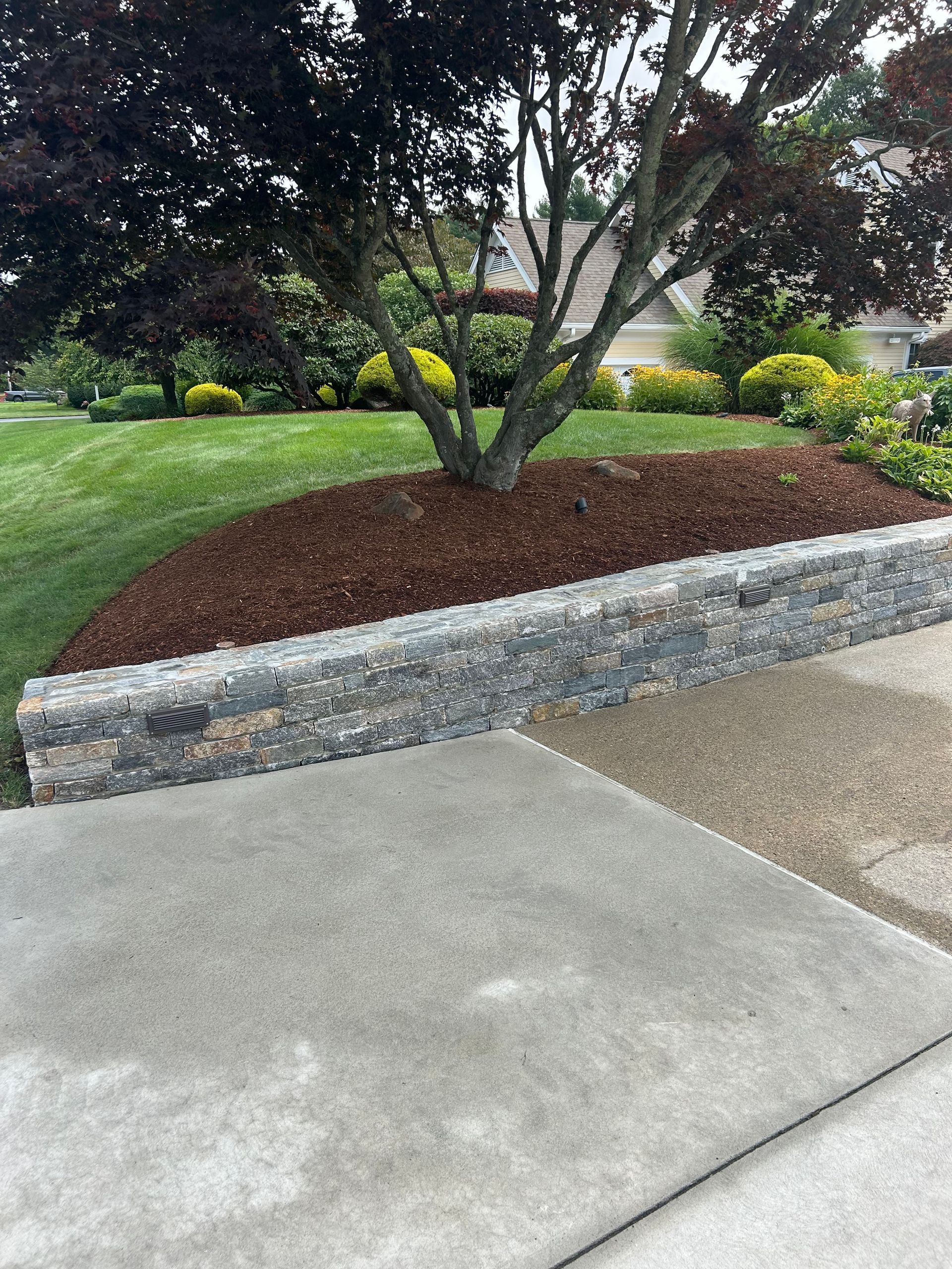 Concrete driveway beside a landscaped yard with a tree, mulch bed, and stone retaining wall.