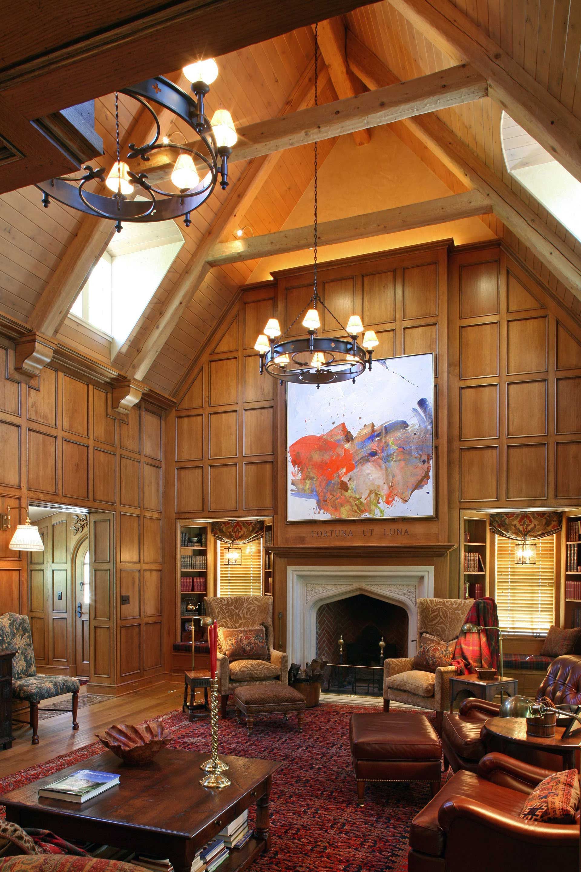 New living room with skylights and custom woodwork