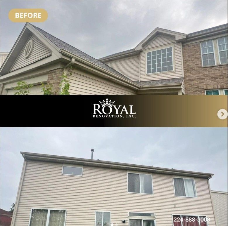 Before-and-after view of a house roof and siding renovation by Royal Renovation, Inc.