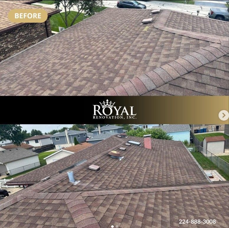 Before-and-after of a brown shingle roof repair on a suburban house.