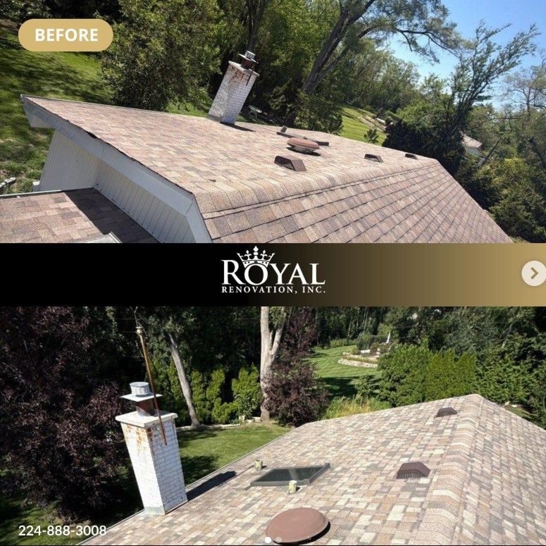 Before-and-after view of a shingle roof with chimney and vent pipes on a house surrounded by trees